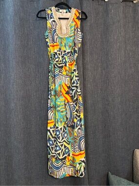 Badgley Mischka Turquoise Yellow Navy Beaded Neck Maxi Dress